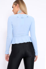 Powder Blue Plunge Frill Wrap Tie Front Top - Rebecca-Tops