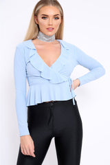 Powder Blue Plunge Frill Wrap Tie Front Top - Rebecca-Tops