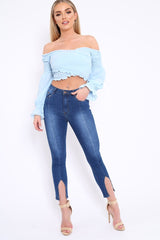 Powder Blue Shirred Wrap Over Bardot Crop Top - Zuri-Crop Tops