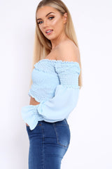 Powder Blue Shirred Wrap Over Bardot Crop Top - Zuri-Crop Tops