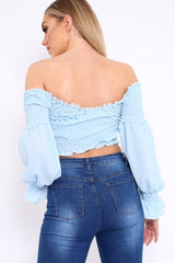 Powder Blue Shirred Wrap Over Bardot Crop Top - Zuri-Crop Tops