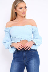 Powder Blue Shirred Wrap Over Bardot Crop Top - Zuri-Crop Tops