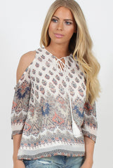 Print Cold Shoulder Top - Remmie-Tops