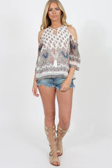 Print Cold Shoulder Top - Remmie-Tops