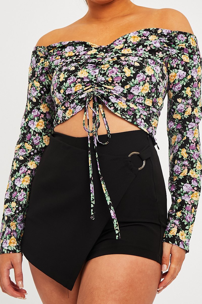 Purple Floral Ruched Centre Bardot Crop Top - Heily-Crop Tops