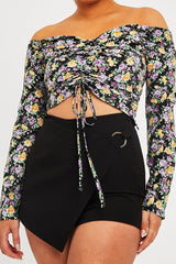 Purple Floral Ruched Centre Bardot Crop Top - Heily-Crop Tops