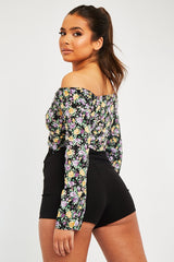 Purple Floral Ruched Centre Bardot Crop Top - Heily-Crop Tops