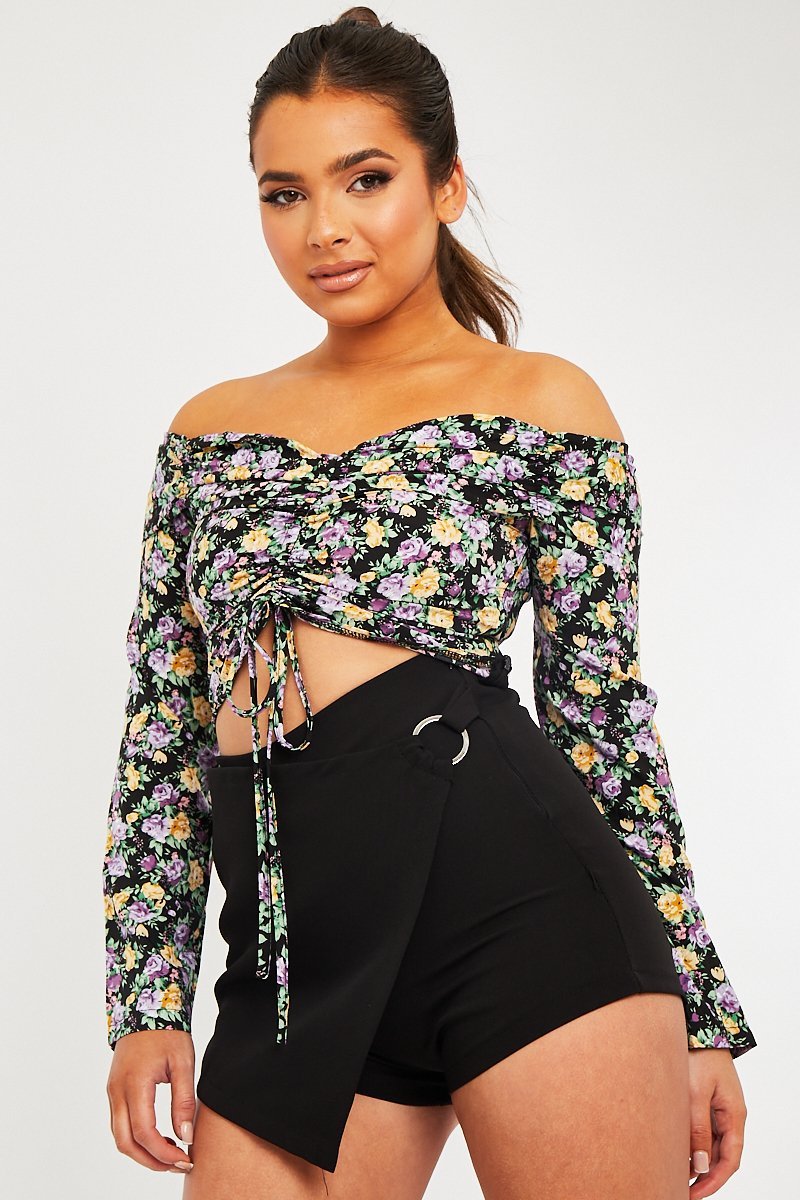 Purple Floral Ruched Centre Bardot Crop Top - Heily-Crop Tops