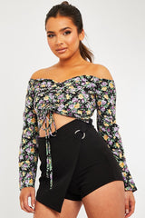 Purple Floral Ruched Centre Bardot Crop Top - Heily-Crop Tops