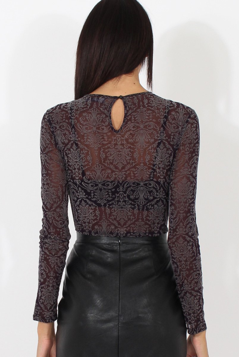 Purple Folk Print Sheer Bodysuit - Frances-Bodysuits