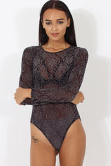 Purple Folk Print Sheer Bodysuit - Frances-Bodysuits