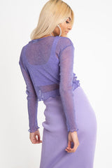 Purple Glitter Mesh Crop Top - Novali-Crop Tops