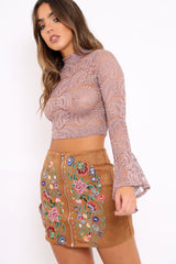 Purple Lace High Neck Crop Top with Key Hole Back - Ellah-Crop Tops