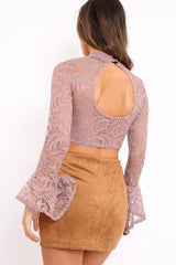 Purple Lace High Neck Crop Top with Key Hole Back - Ellah-Crop Tops