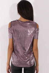 Purple Metallic Pleated Cold Shoulder Top - Elara-Tops