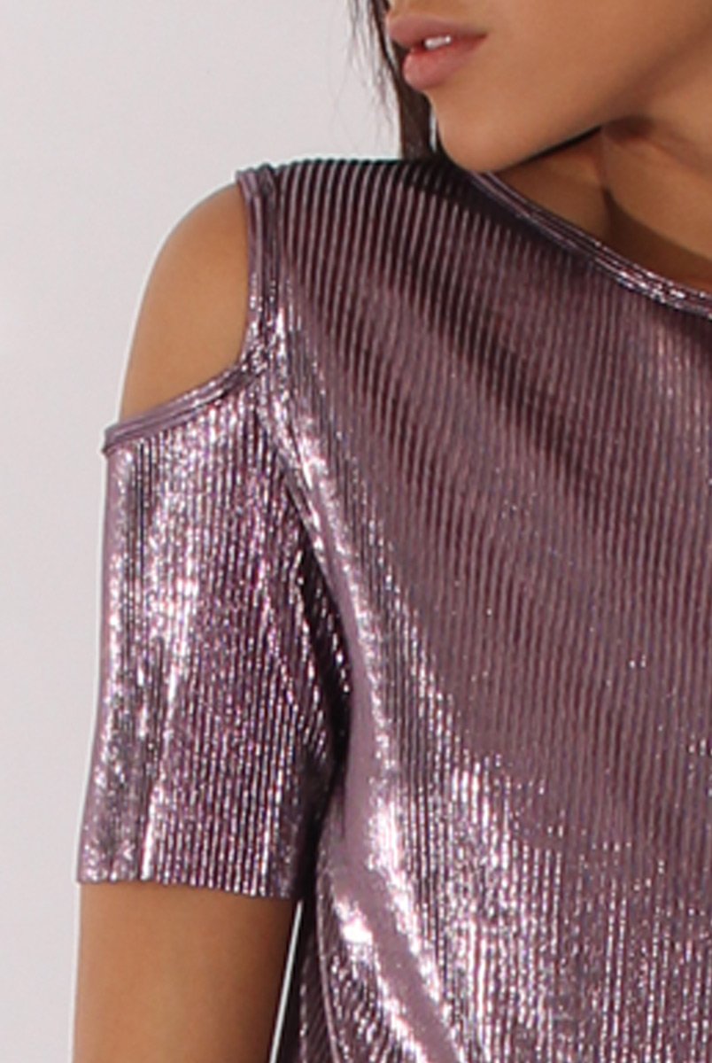 Purple Metallic Pleated Cold Shoulder Top - Elara-Tops