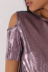 Purple Metallic Pleated Cold Shoulder Top - Elara-Tops