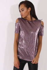 Purple Metallic Pleated Cold Shoulder Top - Elara-Tops