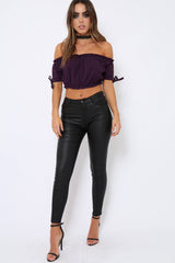 Purple Ruched Bardot Gypsy Crop Top - Janette-Crop Tops