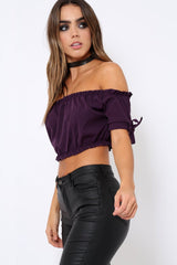 Purple Ruched Bardot Gypsy Crop Top - Janette-Crop Tops