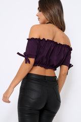 Purple Ruched Bardot Gypsy Crop Top - Janette-Crop Tops