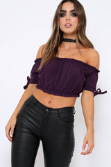 Purple Ruched Bardot Gypsy Crop Top - Janette-Crop Tops