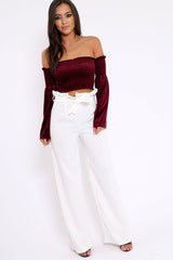 Purple Velvet Bardot Shirred Crop Top with Flared Sleeves - Shera-Crop Tops