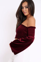 Purple Velvet Bardot Shirred Crop Top with Flared Sleeves - Shera-Crop Tops