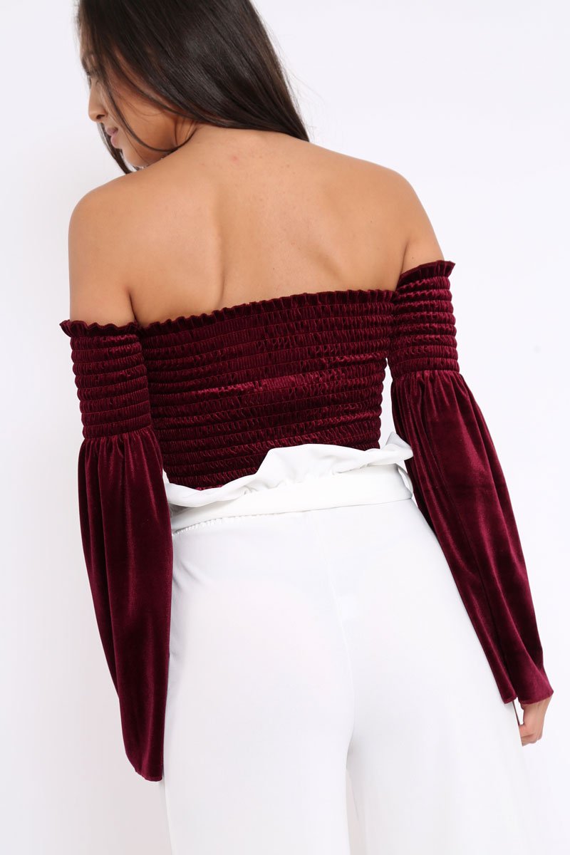 Purple Velvet Bardot Shirred Crop Top with Flared Sleeves - Shera-Crop Tops