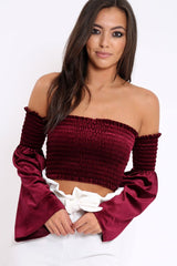 Purple Velvet Bardot Shirred Crop Top with Flared Sleeves - Shera-Crop Tops
