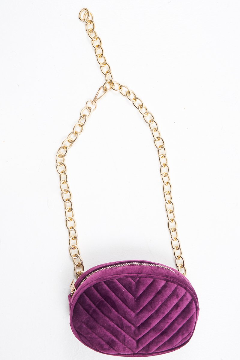 Purple Velvet Oval Quilted Chainlink Belt Bag - Kittie-Bags