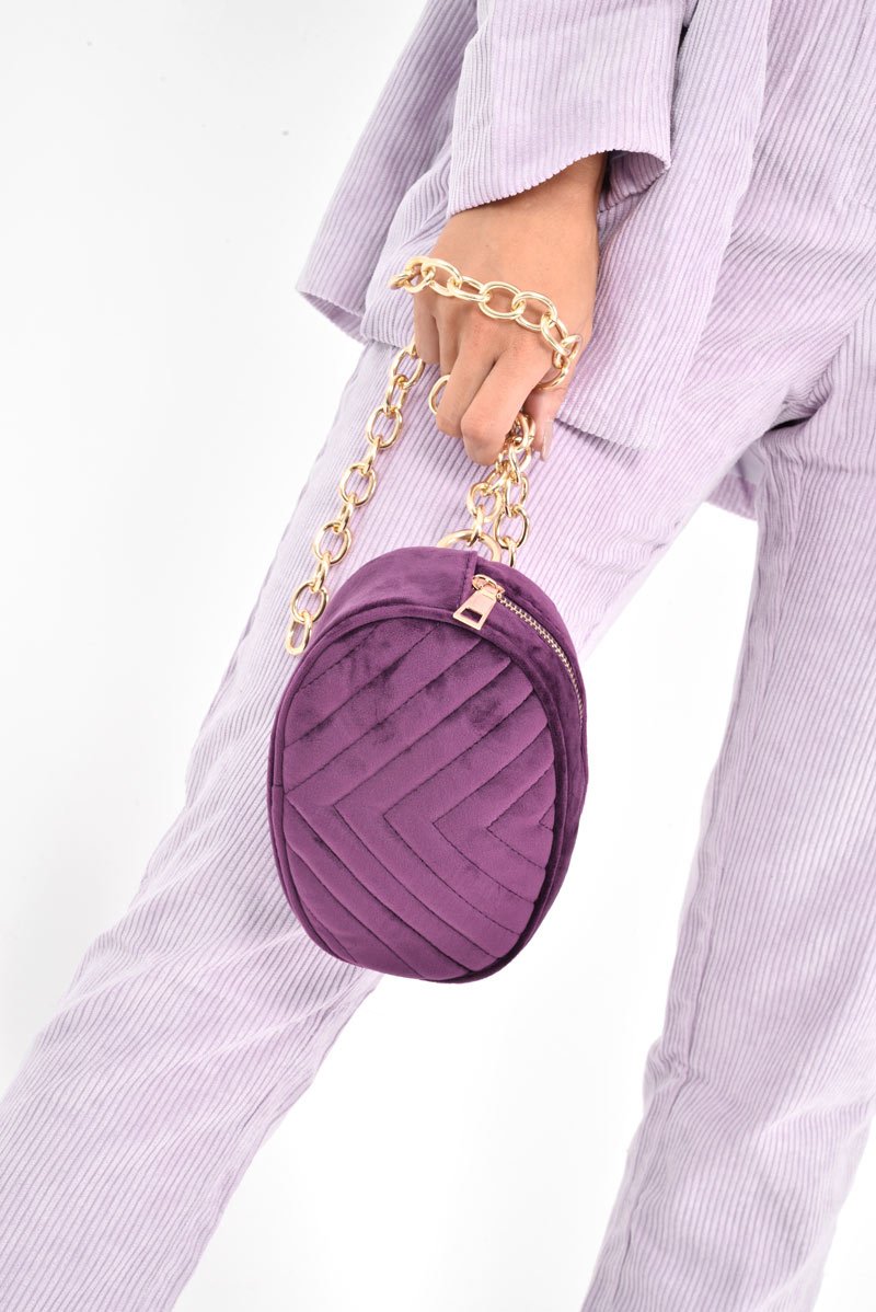 Purple Velvet Oval Quilted Chainlink Belt Bag - Kittie-Bags