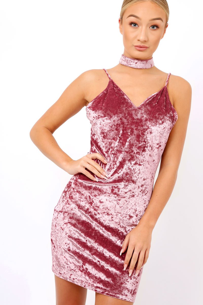 Purple Velvet Slip On Choker Dress - Meadow-Dresses