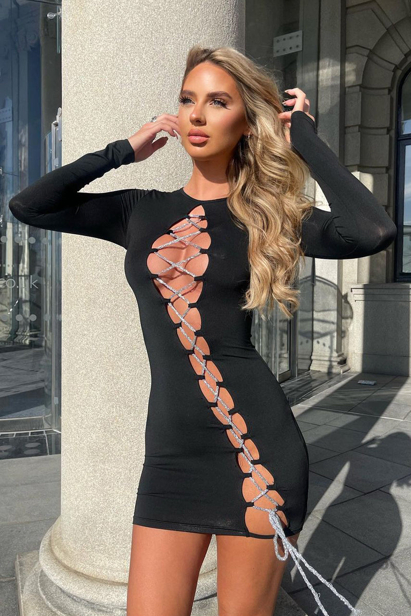 Black Lace Up Detail Long Sleeve Bodycon Mini Dress | Dress