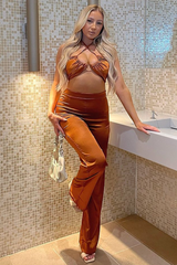 Rust Satin Straight Leg Trousers - Rose