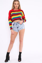 Rainbow Long Sleeve Cropped Knitted Jumper - Miley-Crop Tops