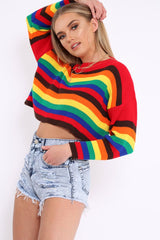 Rainbow Long Sleeve Cropped Knitted Jumper - Miley-Crop Tops
