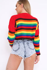 Rainbow Long Sleeve Cropped Knitted Jumper - Miley-Crop Tops