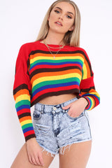 Rainbow Long Sleeve Cropped Knitted Jumper - Miley-Crop Tops