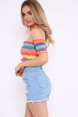 Rainbow Stripe Bardot Frill Shirred Crop Top - Marieta-Crop Tops