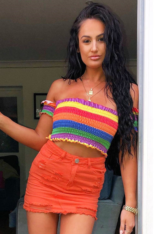 Rainbow Stripe Bardot Frill Shirred Crop Top - Marieta