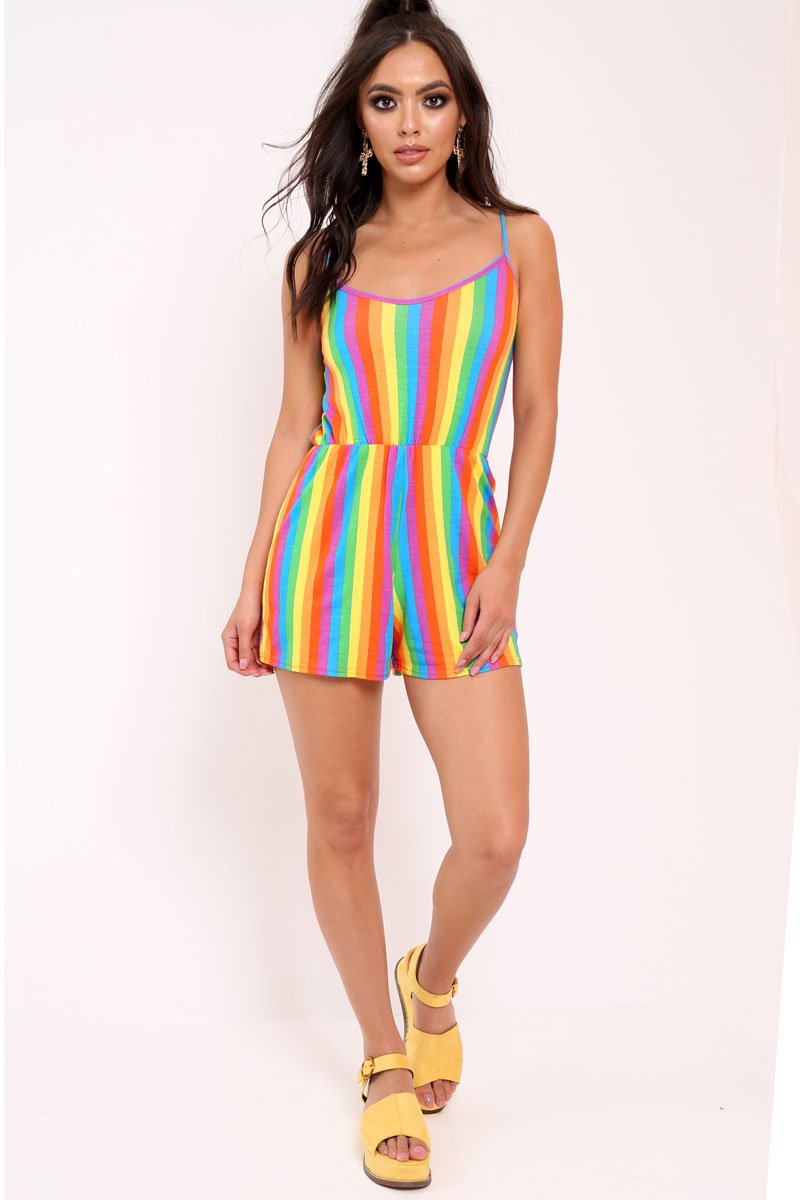Rainbow Stripe Cami Strap Playsuit - Jeanna-Playsuits