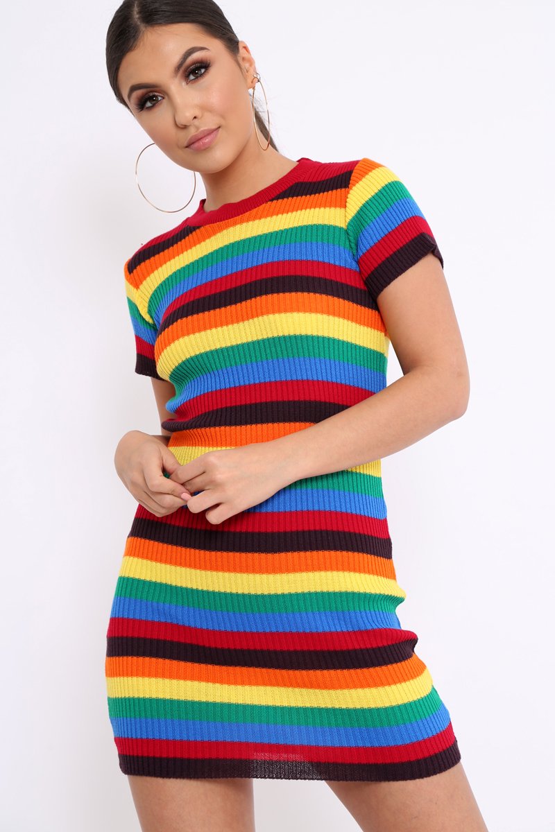 Rainbow Stripe Crew Neck Knitted Dress - Coleen Rebellious Fashion Rainbow Stripe Crew Neck Knitted Dress - Coleen Rebellious Fashion