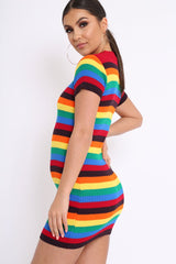 Rainbow Stripe Crew Neck Knitted Dress - Coleen-Dresses