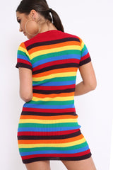 Rainbow Stripe Crew Neck Knitted Dress - Coleen-Dresses