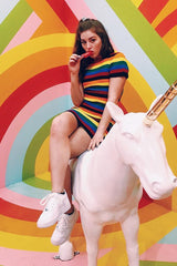 Rainbow Stripe Crew Neck Knitted Dress - Coleen-Dresses