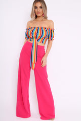 Rainbow Stripe Ruched Bardot Gypsy Crop Top - Katerin-Crop Tops