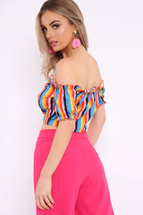 Rainbow Stripe Ruched Bardot Gypsy Crop Top - Katerin-Crop Tops