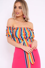 Rainbow Stripe Ruched Bardot Gypsy Crop Top - Katerin-Crop Tops