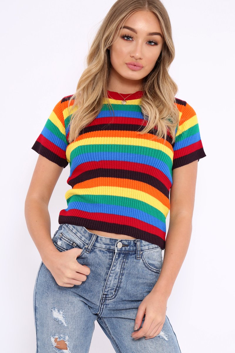 Rainbow Stripe Short Sleeve Jumper - Ariona-Jumper